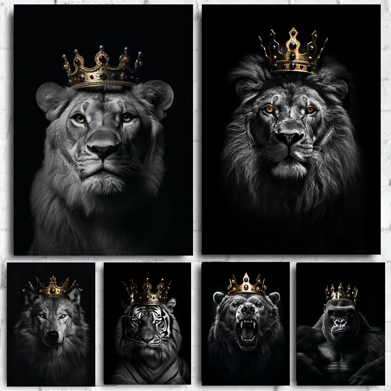 Pósteres e impresiones de animales, Rey León, Tigre, Lobo, águila, oso con corona, lienzo, pintura de pared, imagen motivacional, decoración del hogar para habitación