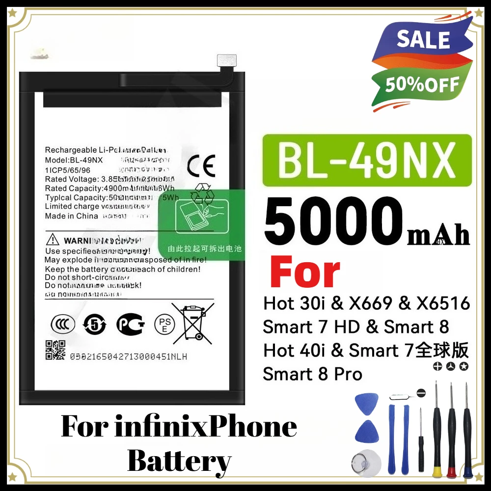 5000mAh Replacement Battery Premium Quality for Infinix BL-49NX Hot 30i X669 X6516 Smart 7 HD with Disassembly Tools