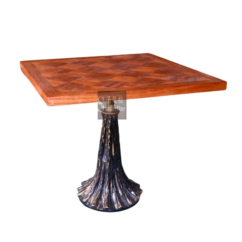 

Old elm solid wood square table dining table high-end French retro metal forged iron coffee table