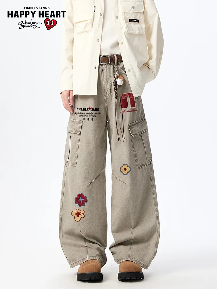 Calças Jeans Estilo Americano Retro Charles Heart para Homens e Mulheres, Tendência de Verão, Estampa de Marca, Corte Solto e...