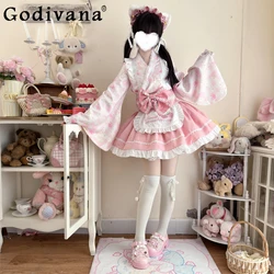 Original Japanese Bow Ruffled Edge Lolita Maid Dress Summer New Fashion Girly Sweet Kawaii Slim-Fit Y2k Pink Elegant Dress Women