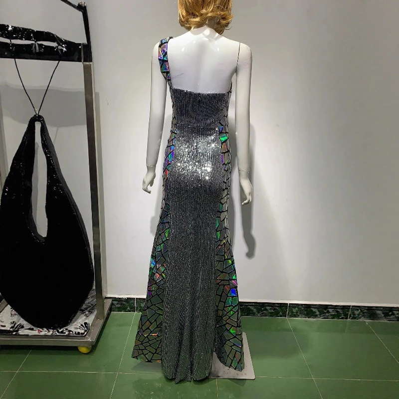 فستان سهرة مزين بالترتر اللامع فضي بكتف واحد مزين بالترتر بحاشية غير متماثلة بدون أكمام بدون ظهر فساتين ضيقة فساتين كوكتيل #3