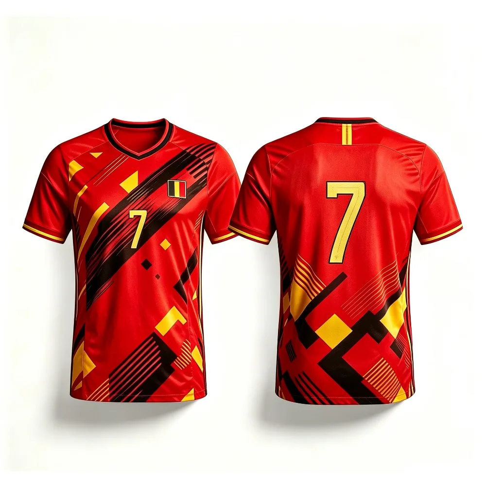 Men Red Football Jersey Belgium Flag Number 7 City Print Quick Dry Breathable Short Sleeve Fan Training Soccer Tops