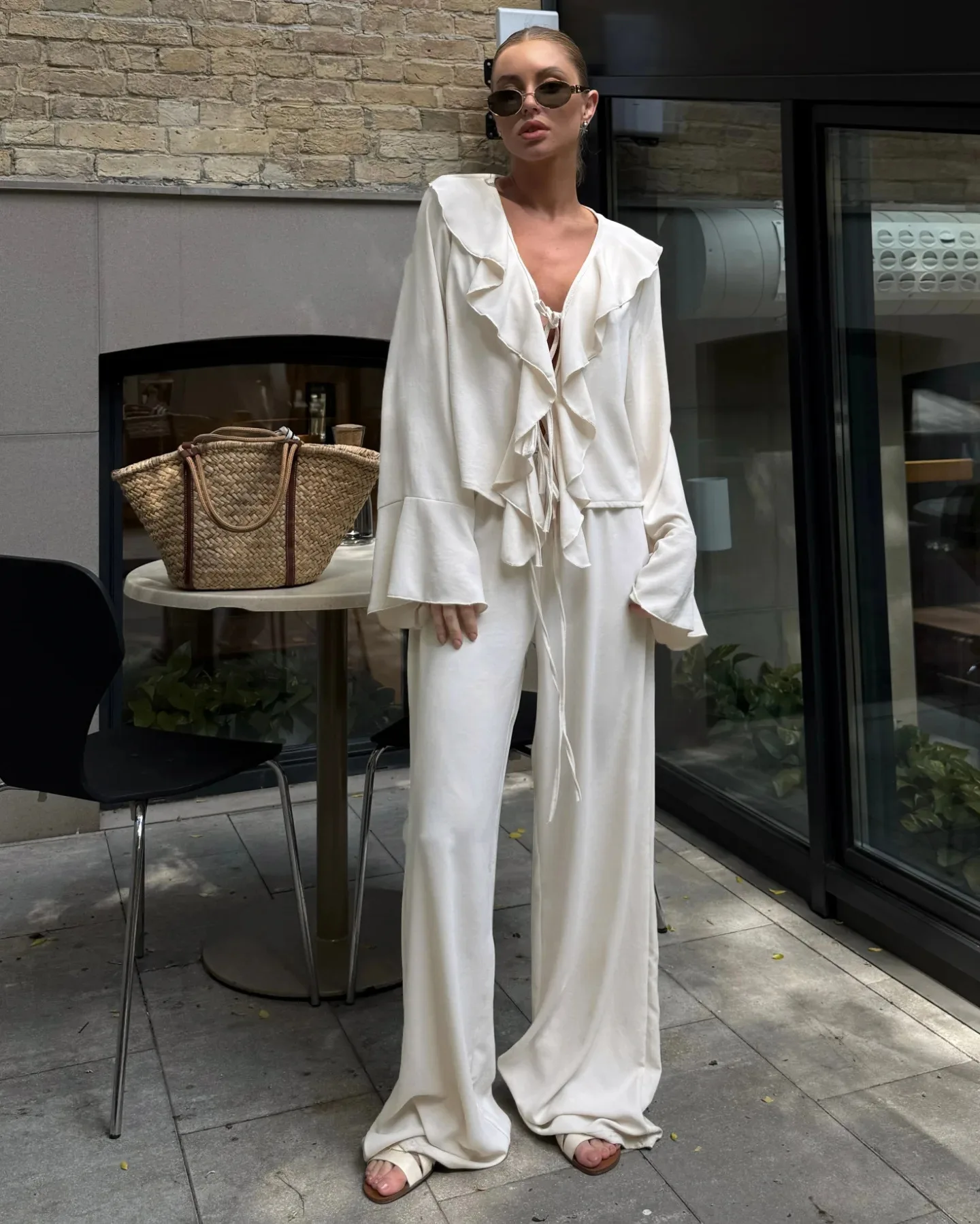 

French Y2k Ruffled Loose Two Piece Set Female V Neck Long Sleeve Tops Lace Up High Waist Wide-leg Pants Woman Casual Suit 2025