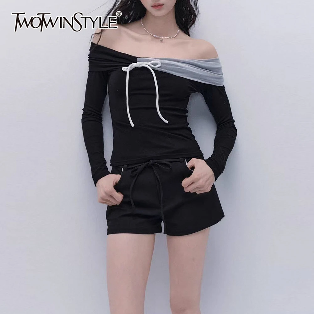 

TWOTWINSTYLE Black Spliced Mesh Basics T Shirt Female Slash Neck Long Sleeve Slimming Sweet Women's T Shirt Summer Fashion New