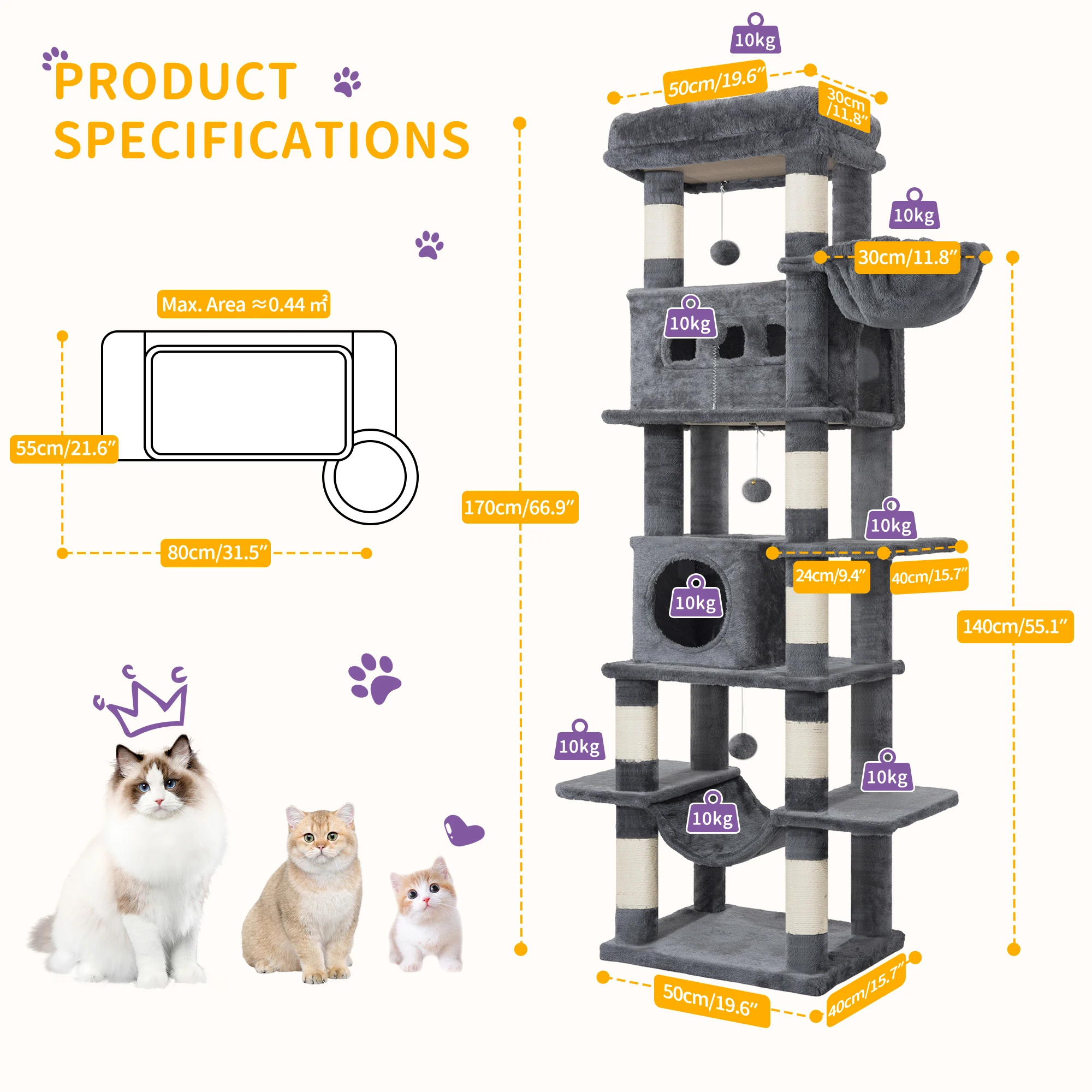 Hzuaneri 170 cm Large Cat Tree, Cat Tower for Maine Cat, Multi-Level Scratching Post with Large Perch, Washable Mat 6