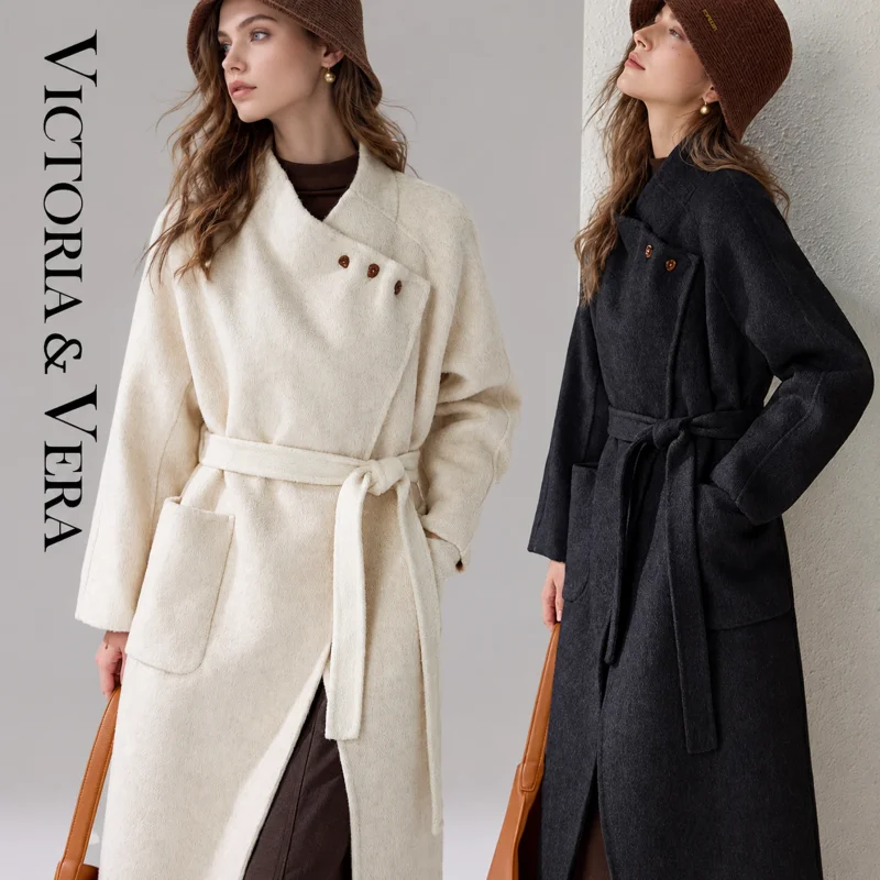 Women's Lapel Belted Wrap Long Coat, Oversized Loose Fit Elegant Winter Overcoat
