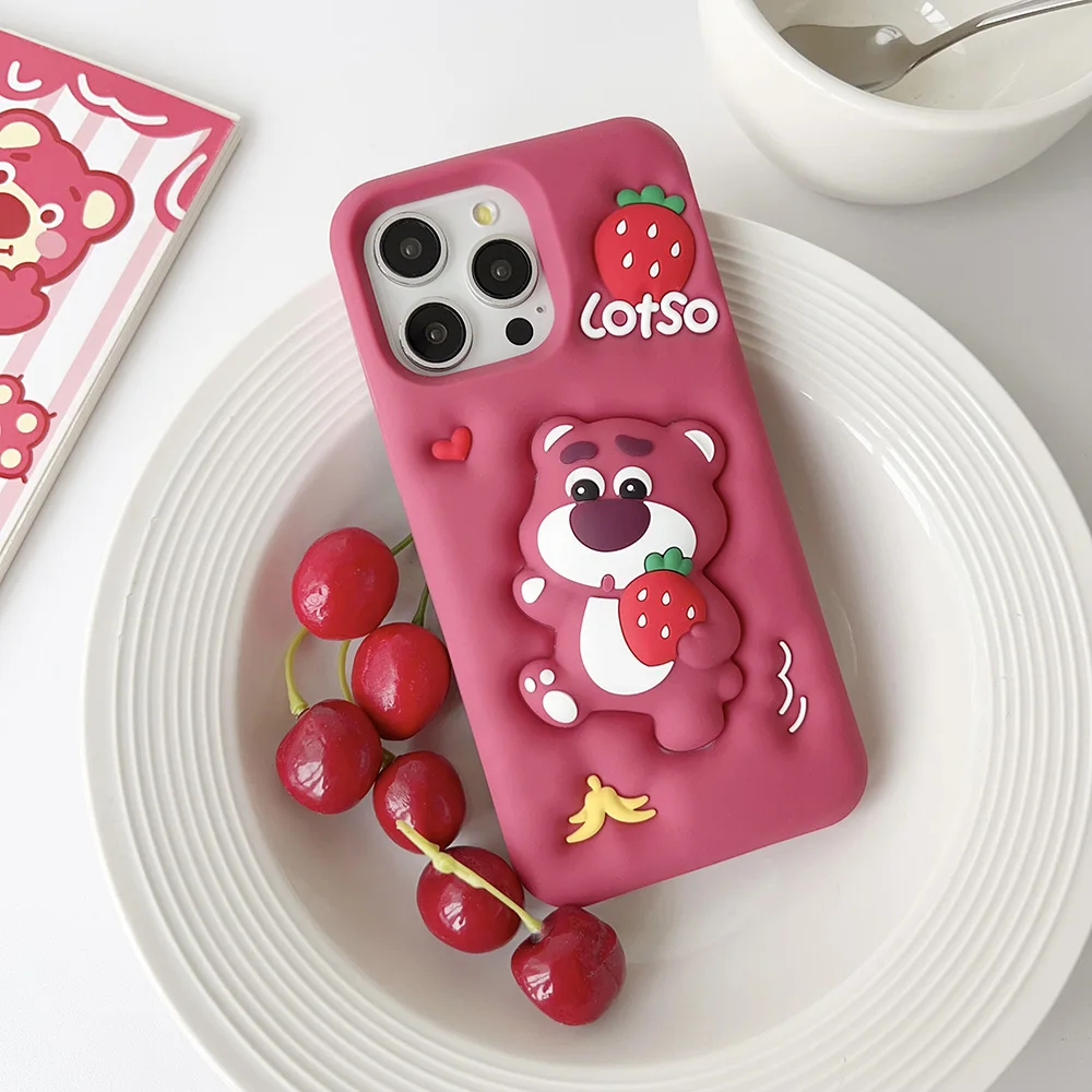 Cartoon Cute Toy Story Lotso Luxury Telescopic Bracket Phone Case for IPhone 15 14 13 12 11 Pro Max Soft Silicone Back Cover