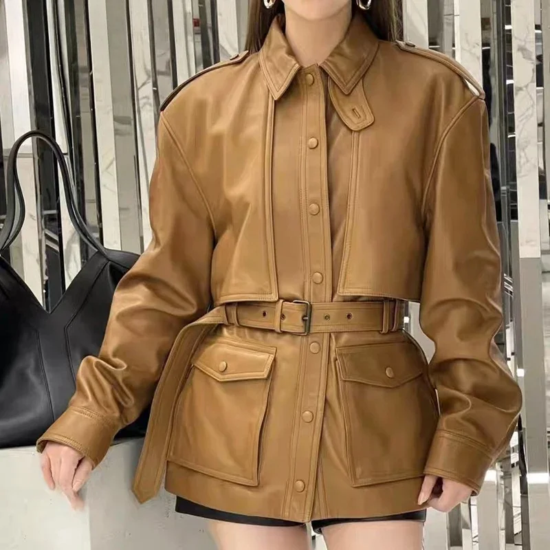 Winter Genuine Leather Sheepskin Fashion Outwears For Women  Female Large Pocket Epaulet Belt Mid Long Jacket Female Warm Windbr