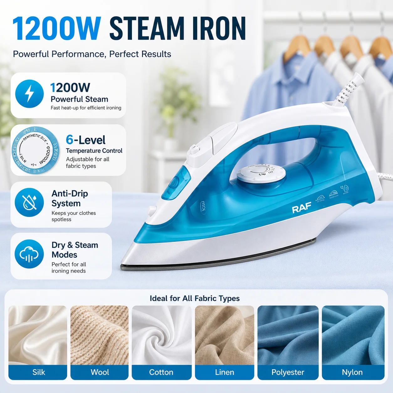 1200W Steam Iron Non-Stick Stainless Steel Soleplate Drip Stop Protection Electric Irons Steam for Clothes Home