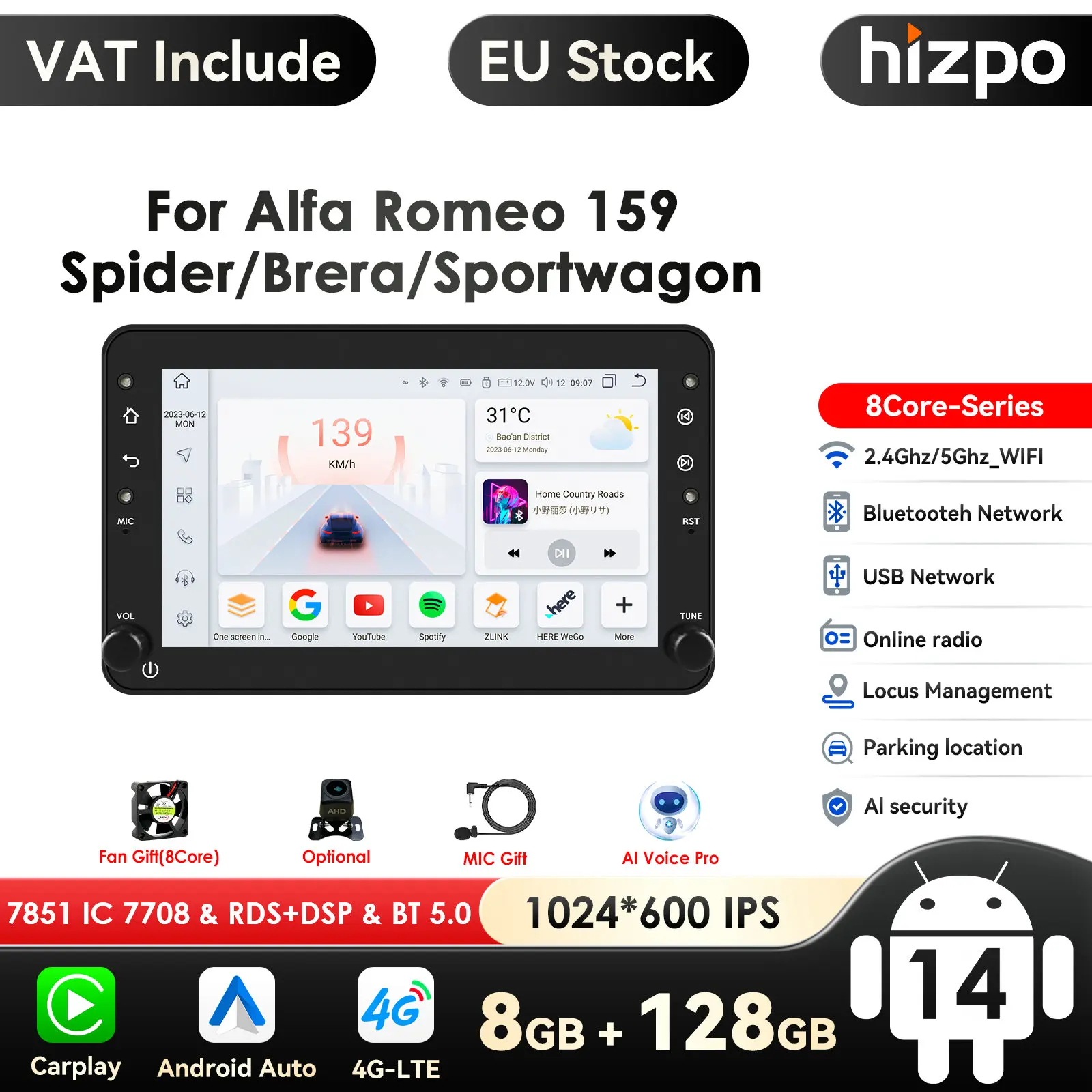 Carplay 4g-lte 7 "Autoradio android für alfa romeo 159 brera spinne sport wagon multimedia player navigation gps 1 din stereo dsp