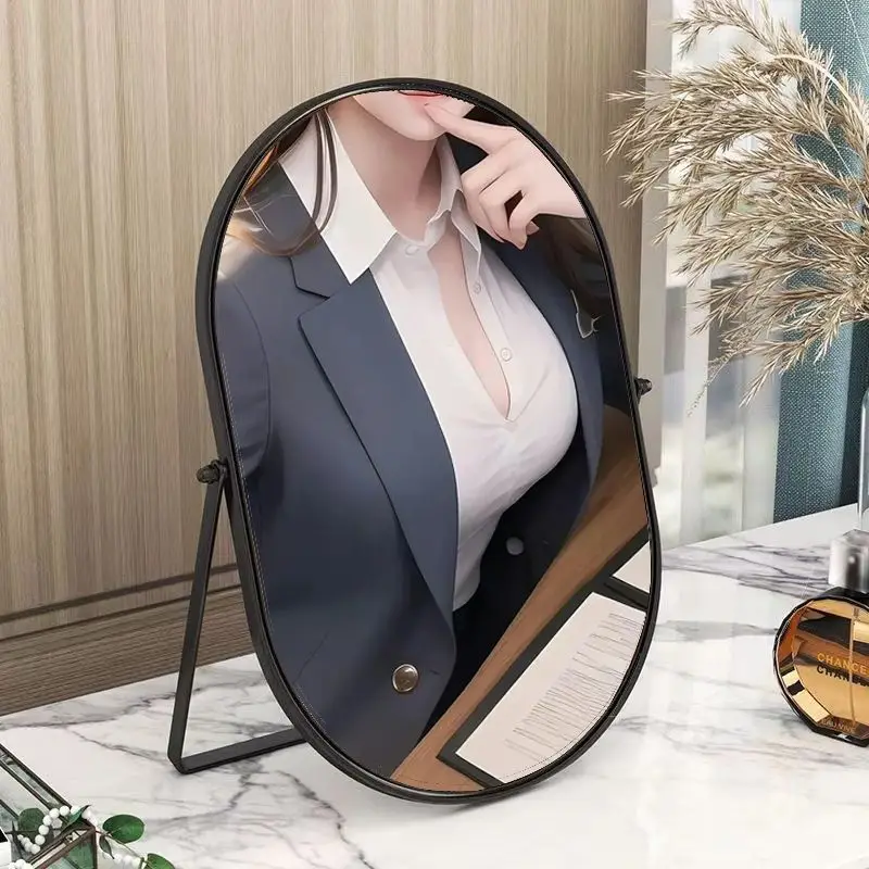 Modern Minimalist Stainless Steel Metal Wrought Iron Desktop Oval Makeup Mirror Luxurious Korean Homestay Decoration Mirrors