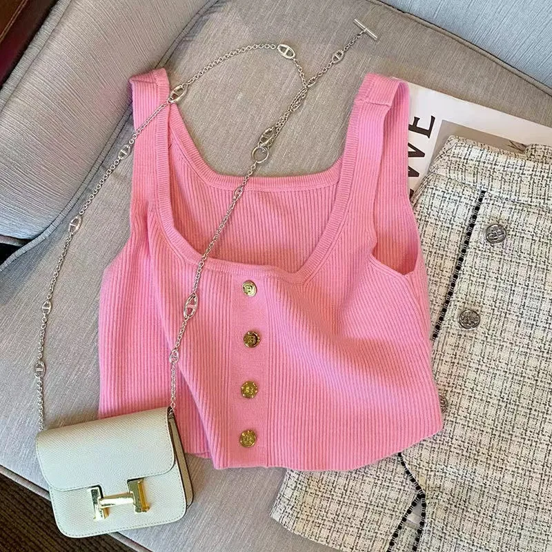 Girls Summer New Gold Buckle Camisole Korean Round Neck Sleeveless Fashion Foreign Short Knitted Vest Trendy