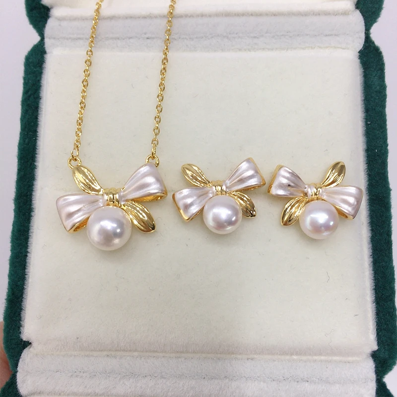 

ZHBORUINI 2024 New Sweet Bow Cauuev Genuine 100% Natural Freshwater Pearl Pendant Jewelry Set Female Birthday Gift