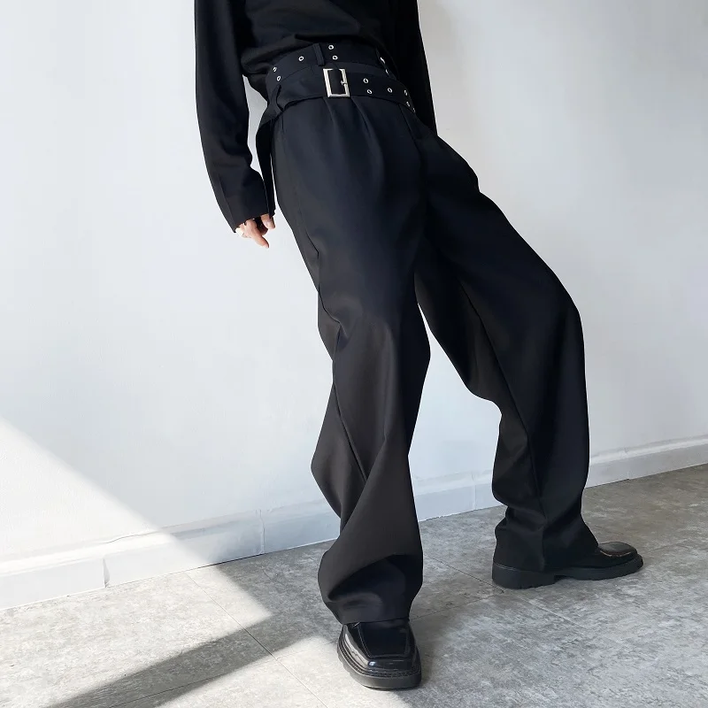 

2023Black Loose Casual Men Wide Fashion Belt Dark Leg Straight Pants Harajuku Streetwear Chic White Suit Pant Trousers