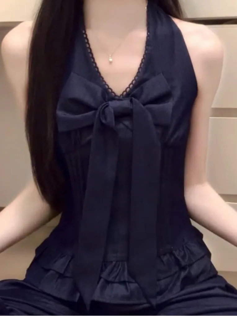 

Корейский летний топ с V-образным вырезом, рюшами и большим бантом, а также женская летняя юбка-кейк с дизайнерским узором для праздников