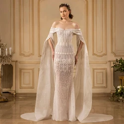 LY59 New Arrival Off The Shoulder Long Sleeves Beaded Crystal mermaid فستان حفلات الزفاف vestidos de novia wedding dress