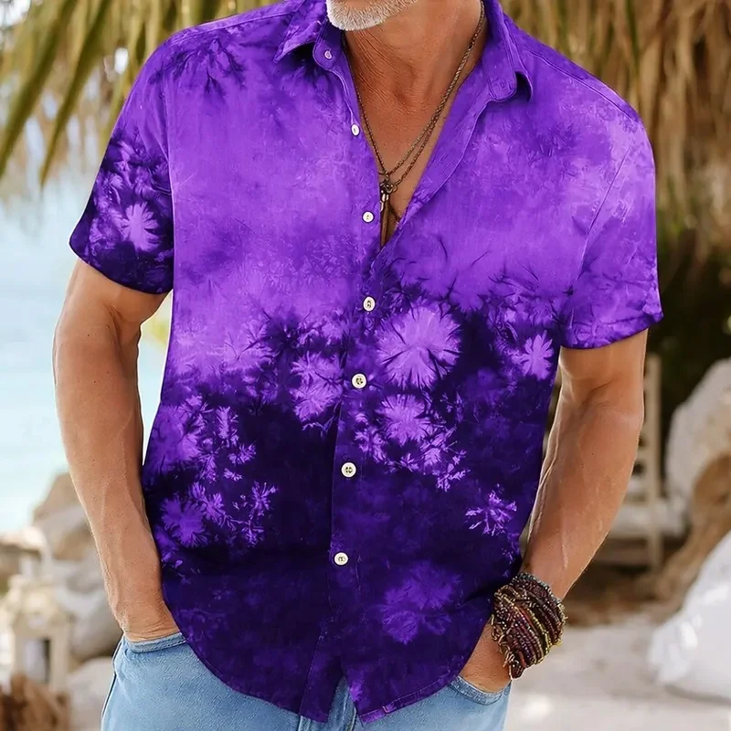 Men's Short Sleeve Button Up Shirt Hippie Gradient Tie Dye 3D Print Turndown Collar Blue Pink Purple For Spring Summer Holiday