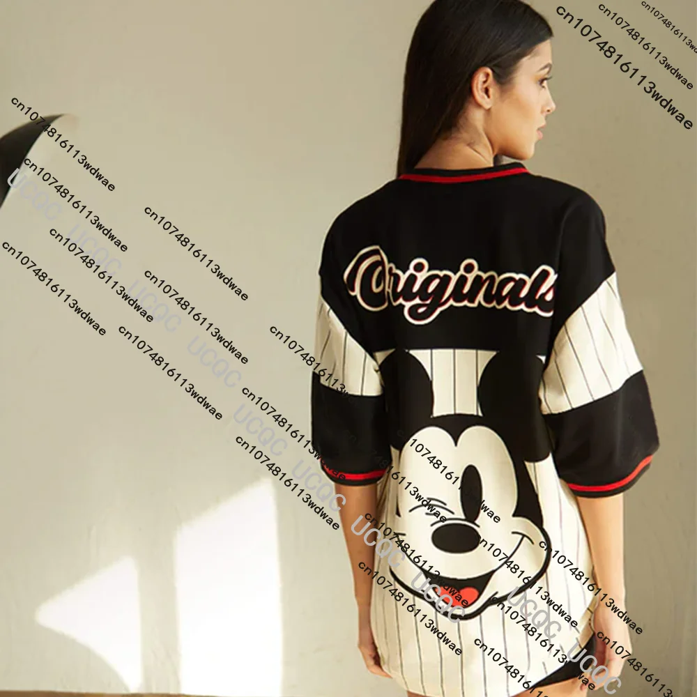 ميكي ماوس البيسبول جيرسي التي شيرت المرأة شريط كم خمر ديزني الكرتون الأصلي طباعة كبيرة الحجم زوجين هدية الكريسماس