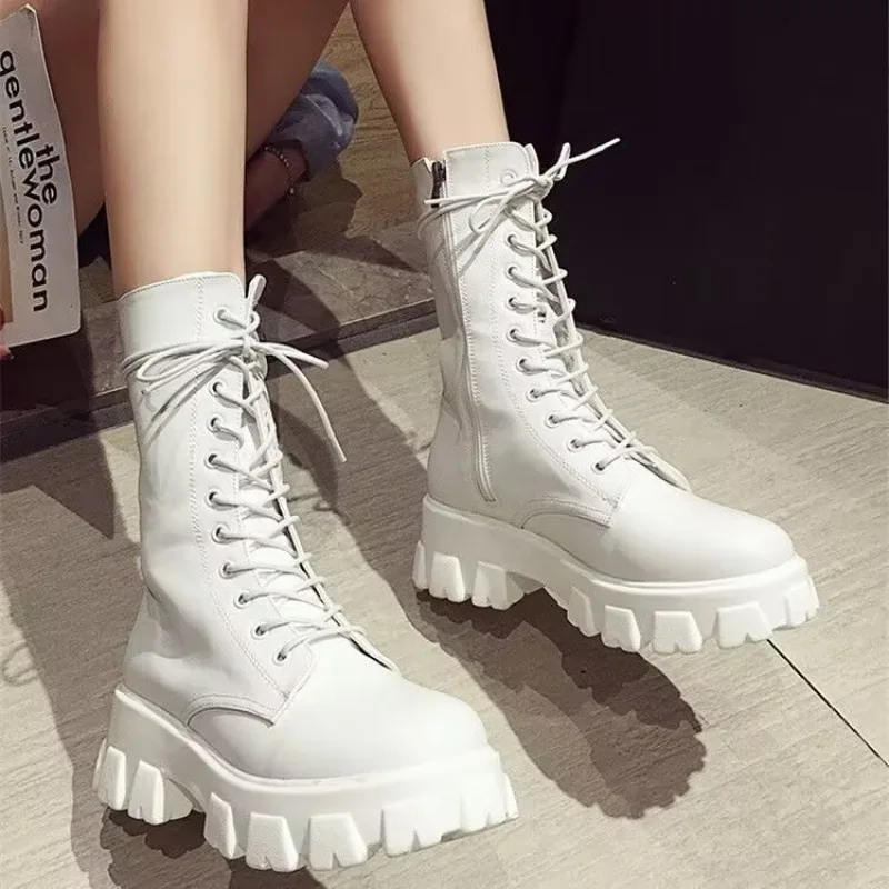 

Spring Autumn Women Ankle Boots High Heels Platform Shoes Femme White Black Short Boots Lace Up Ladies Party Shoes Plus Size