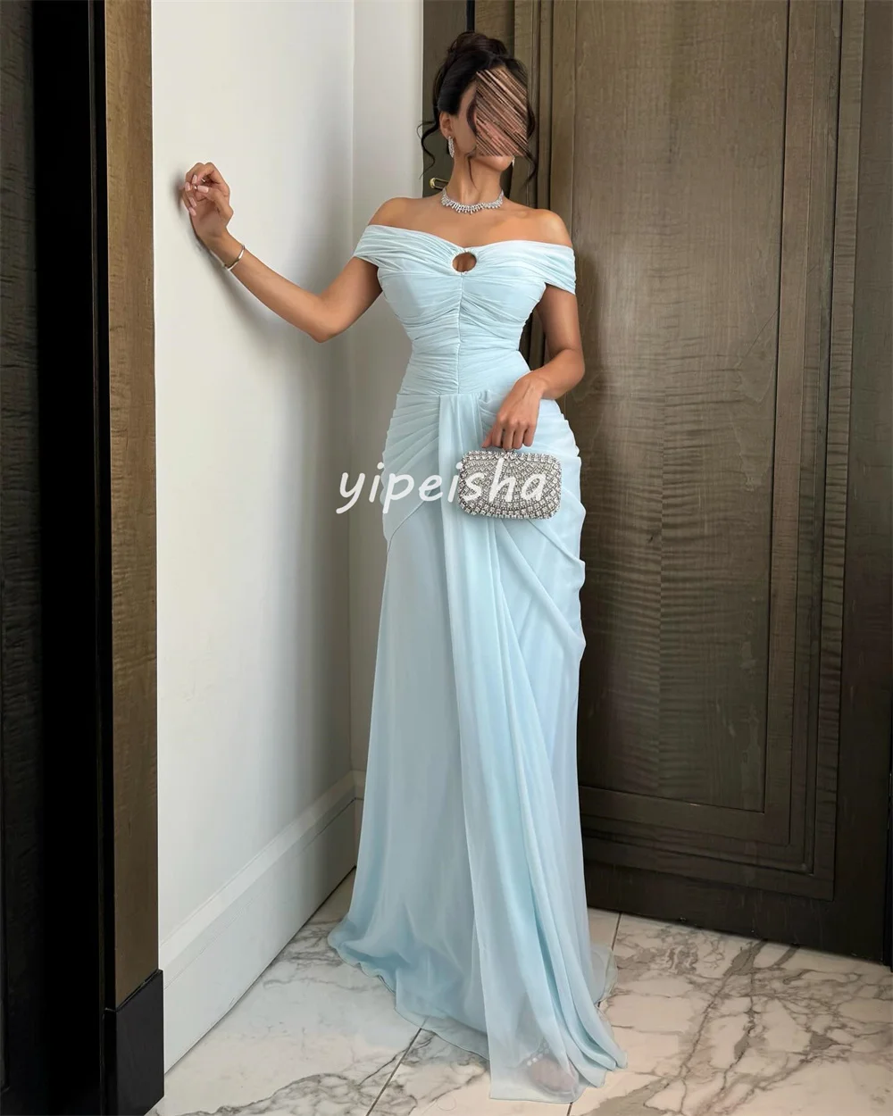 Personalizado simples pastrol chiffon plissado ruched drapeado em linha reta fora do ombro vestidos longos sob medida vestidos de ocasião requintado