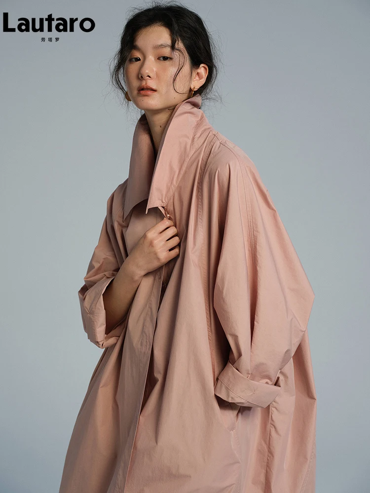 Lautaro Spring Autumn Long Oversized Thin Pink Trench Coat for Women Single Breasted Elegant Chic Luxury Designer Clothing 2026