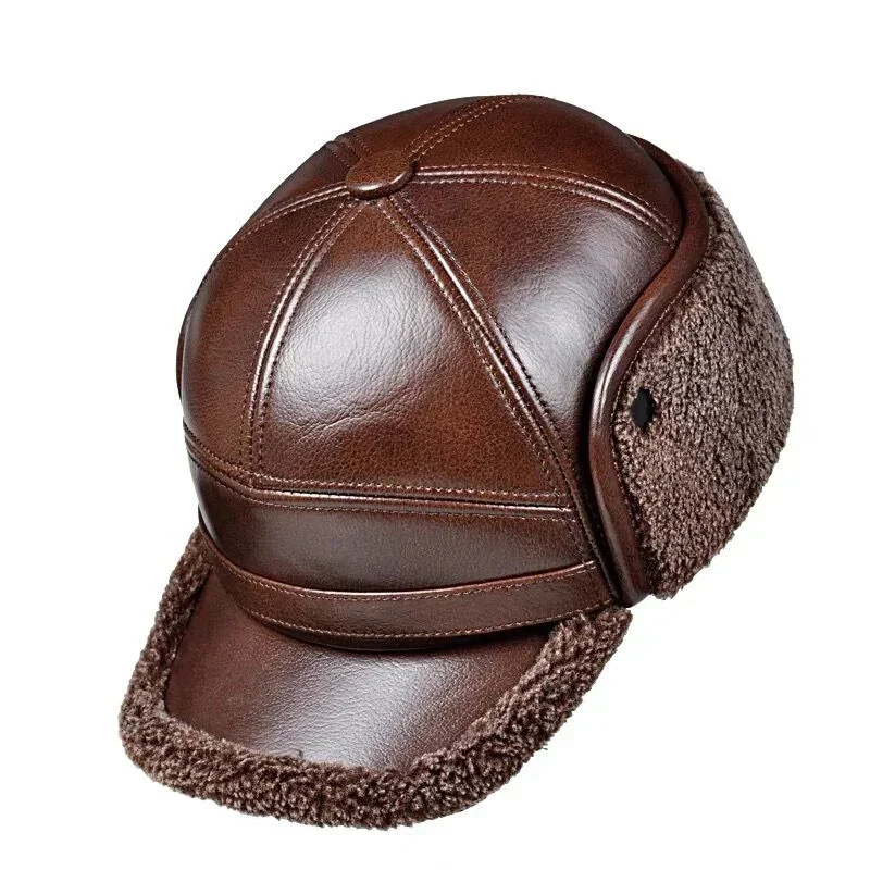 Winter outdoor Men\'s Leather The Bomber Hat Thicken Plush Leather Cowhide Baseball Caps keep warm With Ears Warm Dad\'s Hats