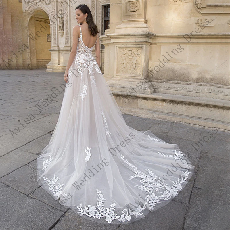 Vestido de novia clásico con tirantes finos, traje de novia con escote en V, sin mangas, corte en A, encaje, espalda descubierta