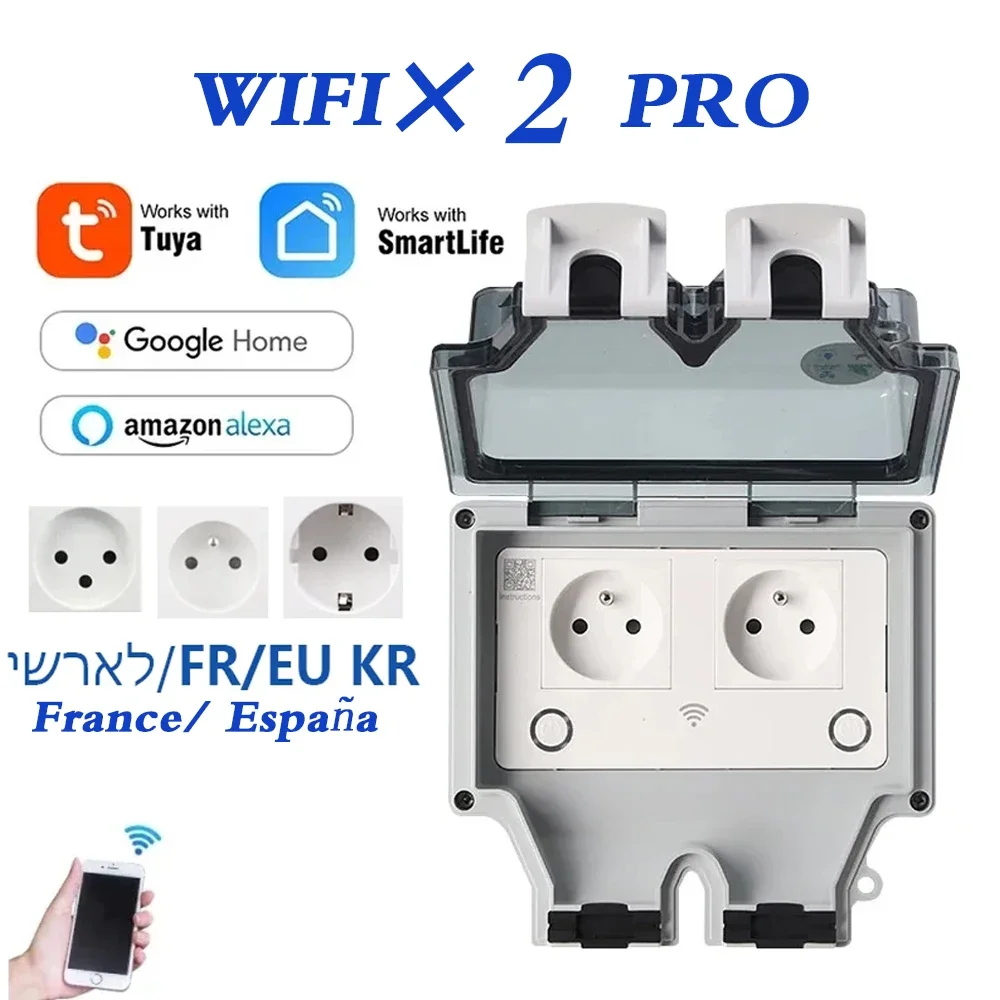 EU FR smart Tuya Waterproof Electrical Wall Socket KR IL IP66 Outdoor Socket Timer Smart Life Power Outlets 220V Dual Master