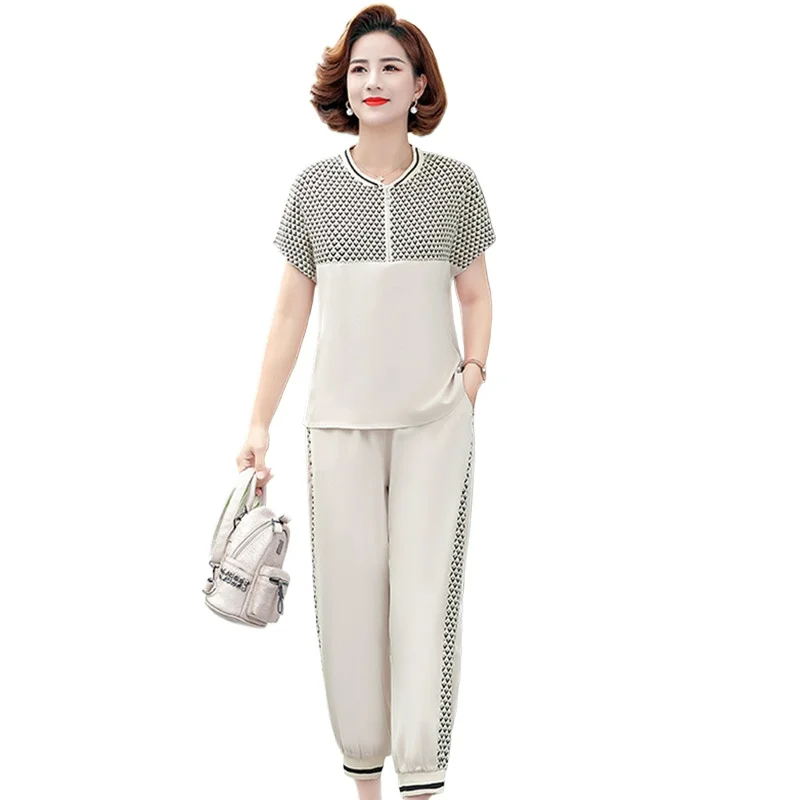 5XL Summer Two Piece Sets Womens Outifits Short-Sleeved Middle-Aged Mother Clothes Elderly Grandma Casual Sports Pant Suits