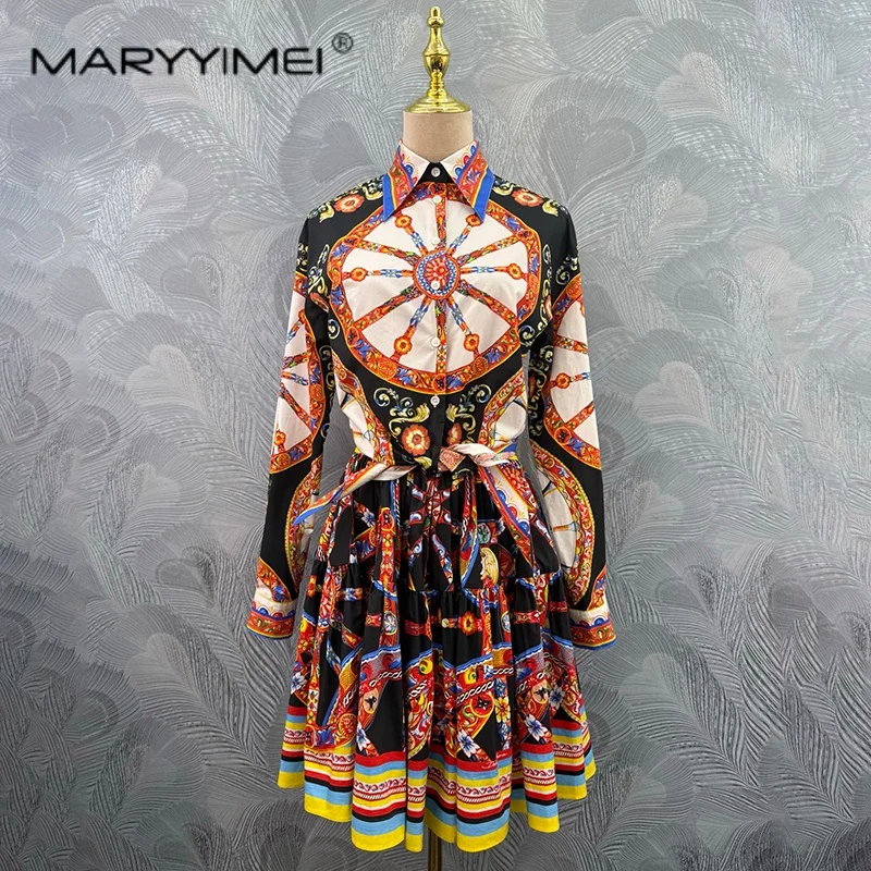 MARYYIMEI 2026 Edit Fashion printed women's clothing lapel and waist cinching Long sleeved shirt paired with a skirt