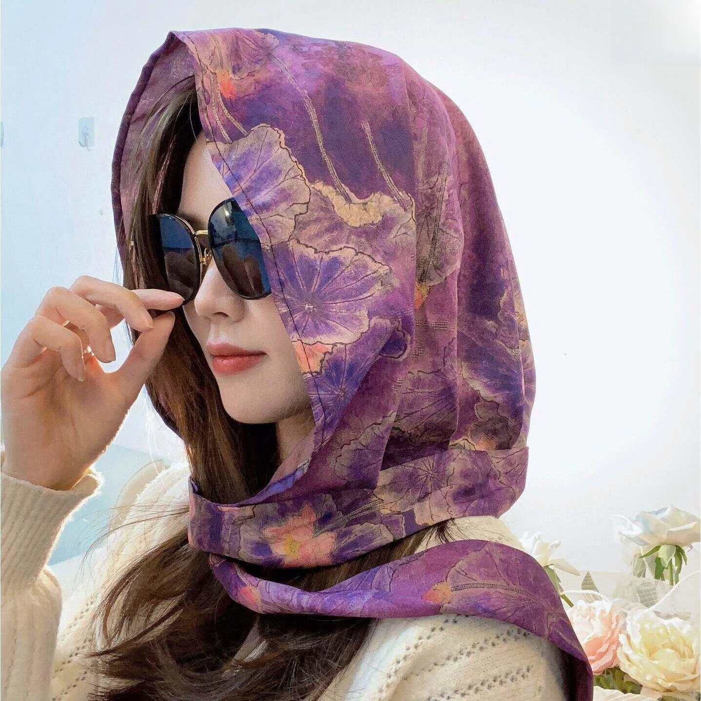 2026 Ethnic Style Double Wrap Scarf Travel Sun Protection Hat Integrated Outdoor Women's Fashion Versatile Hat Scarf Set