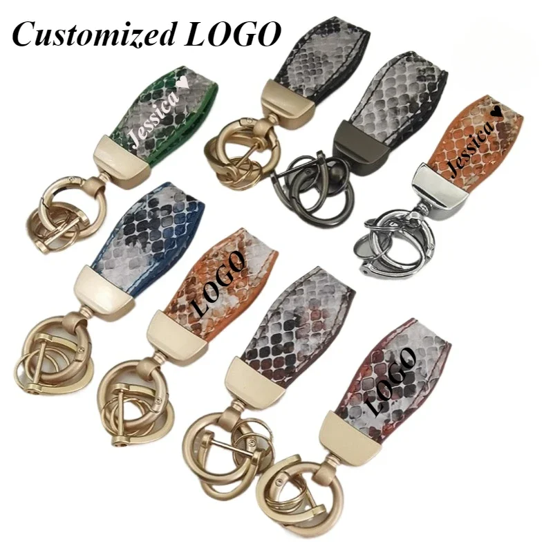 Custom Logo Fashion High-end Snake Skin Pattern Leather Car Keychain Personalized Keyring Laser Engrave Key Ring Gift Bulk