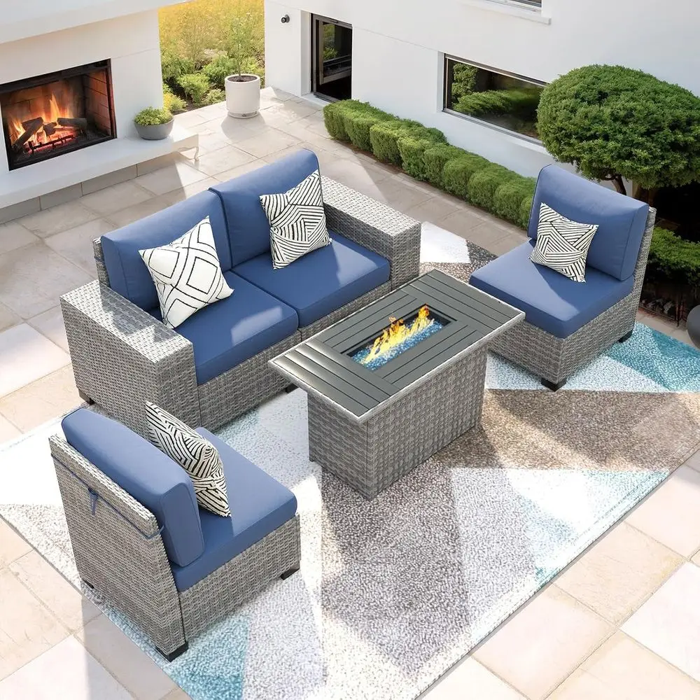 

5-Piece Outdoor Patio Furniture Set with Fire Pit, Grey Wicker Rattan Sectional Sofa, 4 Cushions, Navy Blue