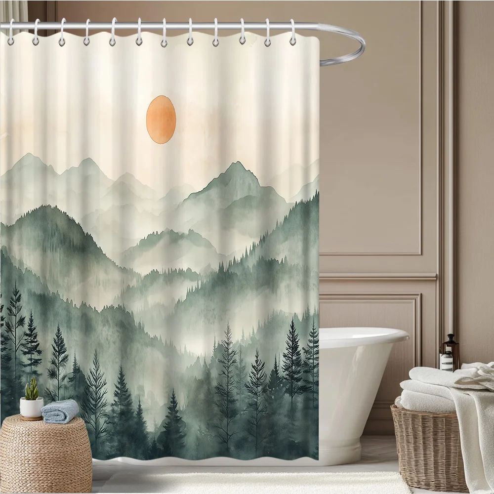 Mountain Landscape Shower Curtain – Watercolor Pine Forest & Sun, 2D Flat Print, Fade-Resistant Polyester, 12 Hooks, 70.8