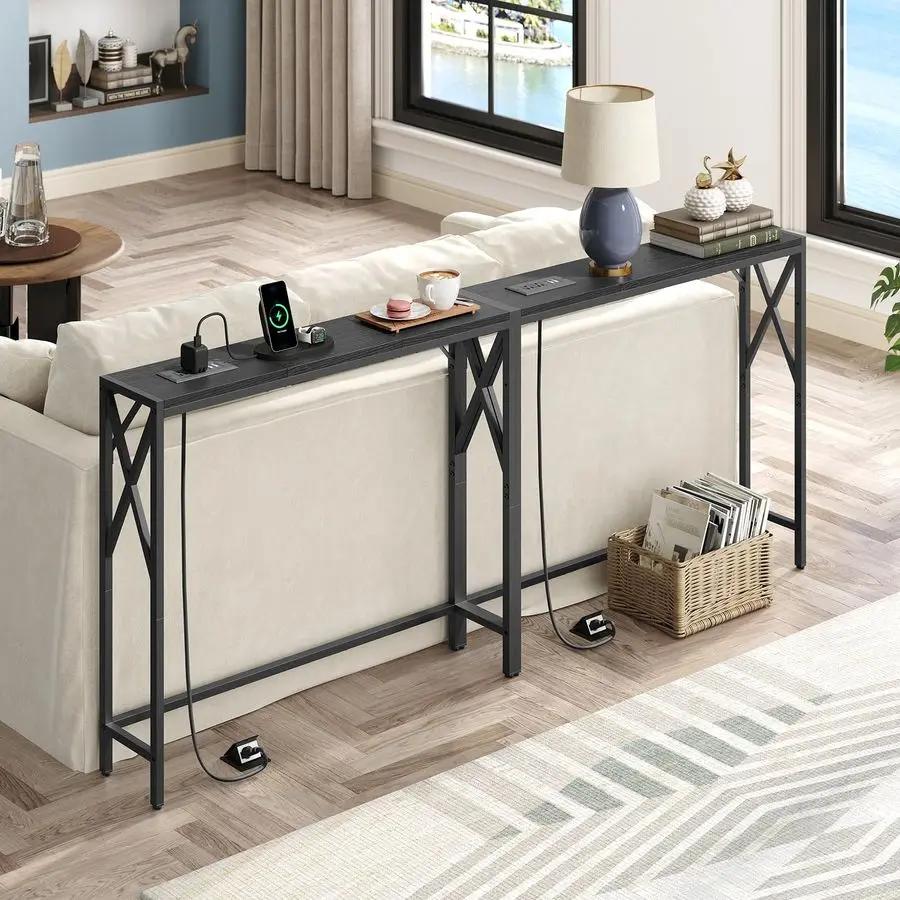 

Narrow Sofa Table with Charging Station, 2 Pack Skinny Console Table, Long Entryway Hallway Couch Table with Power Outlets, Blac