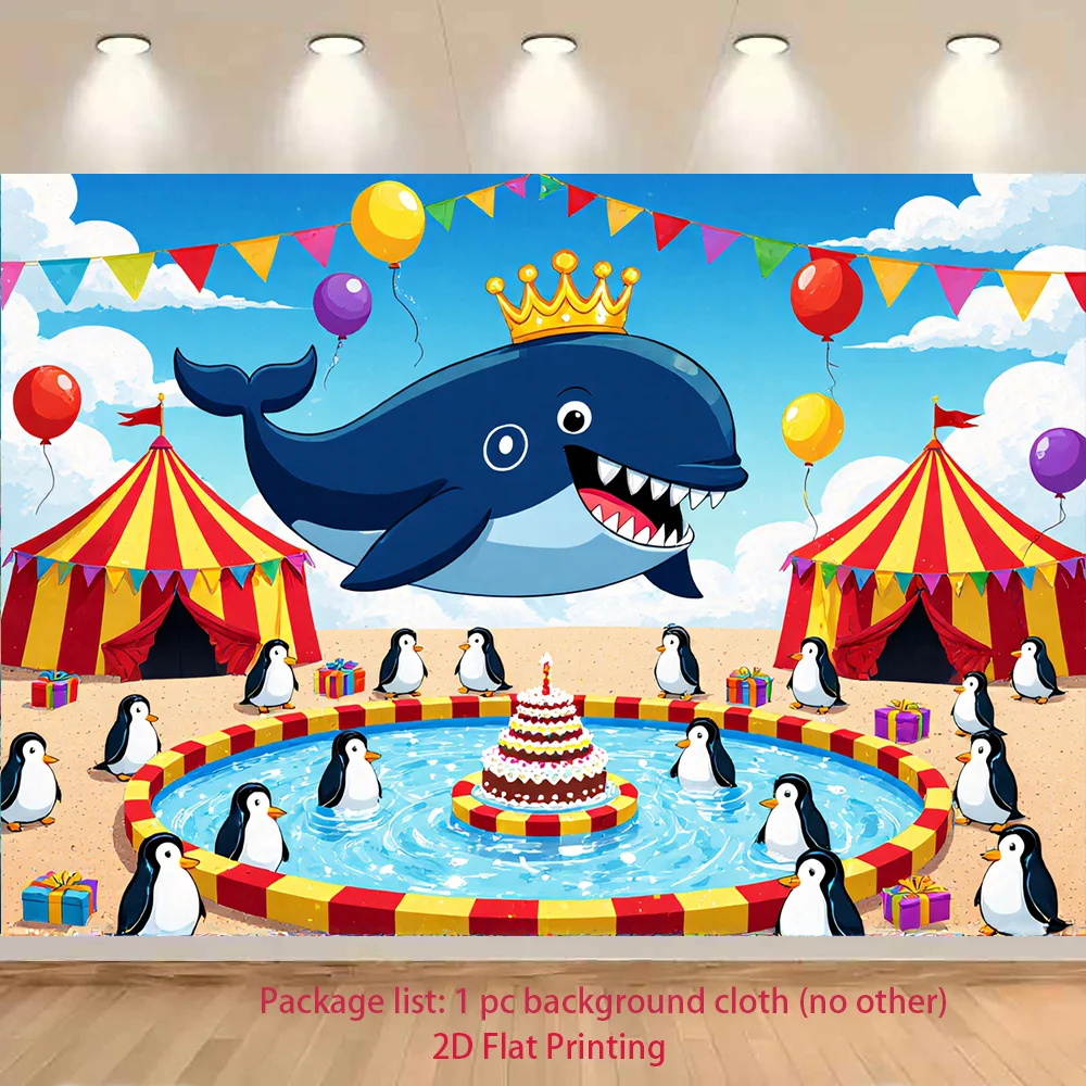 Cute Whale Circus Tapestry, Penguin Birthday Party Wall Hanging, Colorful Cartoon Animal Decor for Kids Room Nursery Playroom