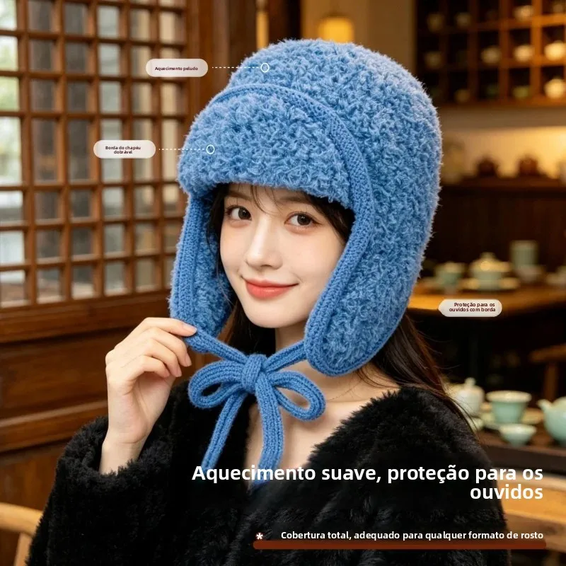 韓国スタイルの厚く暖かいニット帽子豪華な耳保護キャップ秋冬ファッション女性のフライトハット大周囲径