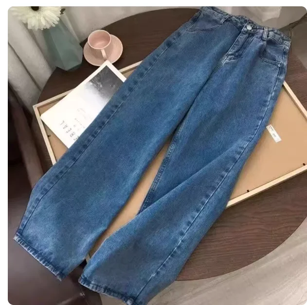 Spring and Autumn Korean version of students wide feet straight large size high waist jeans women's loose and thin trousers tide