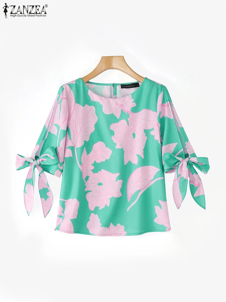 패션 블라우스 우아한 프린트 탑 패션 여성 O넥 반팔 레이스업 튜닉 캐주얼 루즈 홀 아웃 블루사 ZANZEA 2025