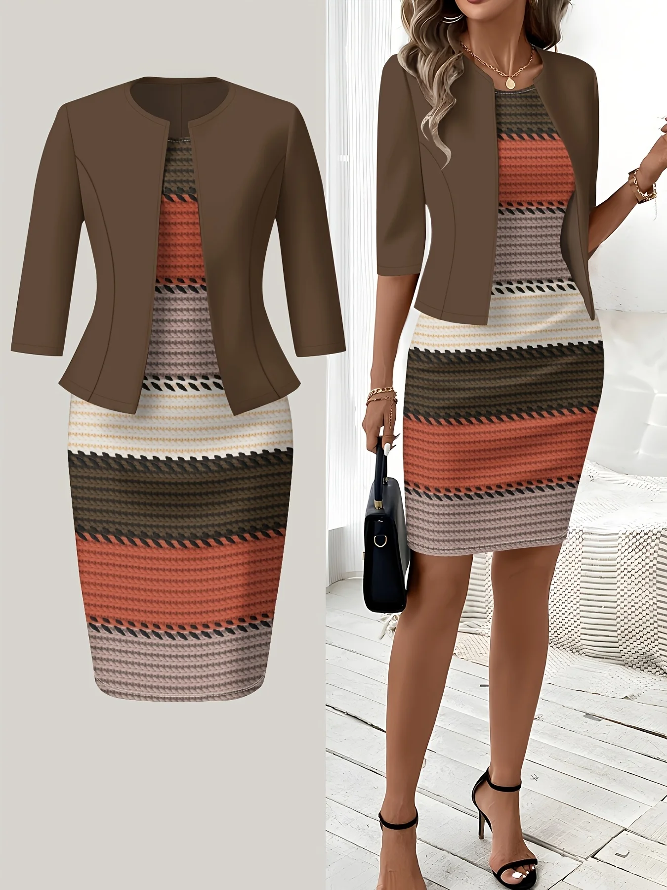Printed design Casual style horizontal stripe pattern set dress