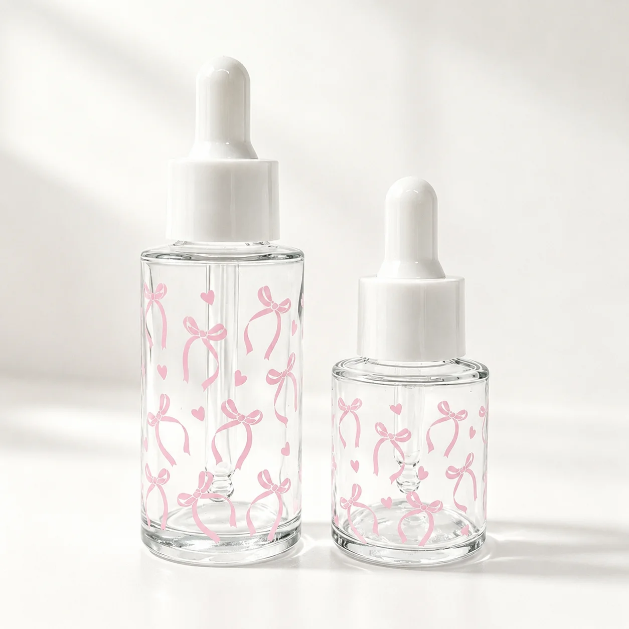 20ml/40ml Cute Pink Ribbon Glass Pipette Bottles, Reusable Cosmetic Serum Vials for Women Skincare Travel Beauty DIY