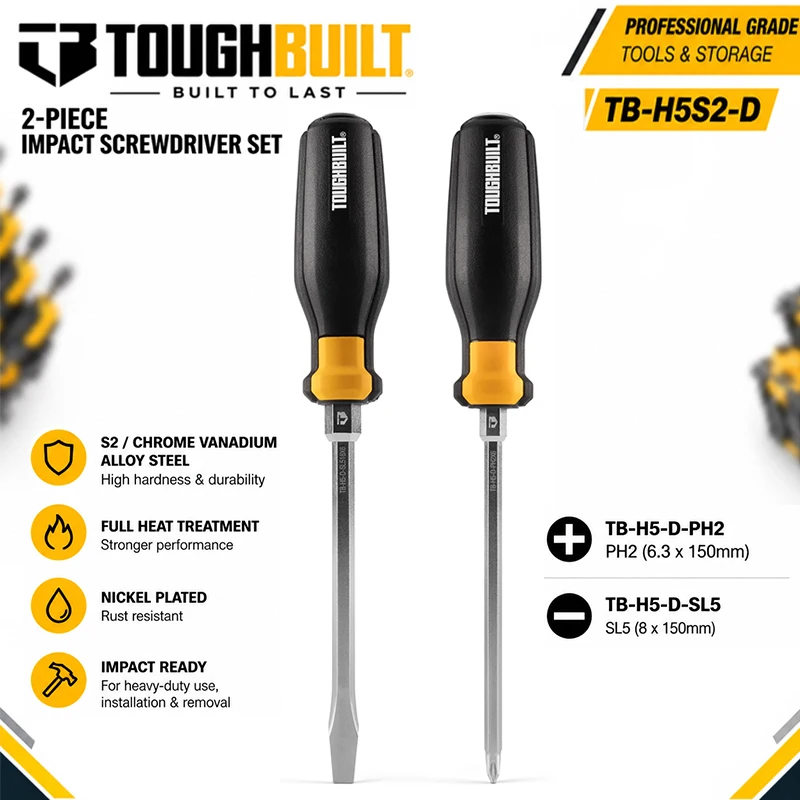 TOUGHBUILT TB-H5S2-D 2Pcs Through Tang Striking Screwdriver Set, PH2 & SL5, Heavy Duty Impact Screwdriver Hand Tools
