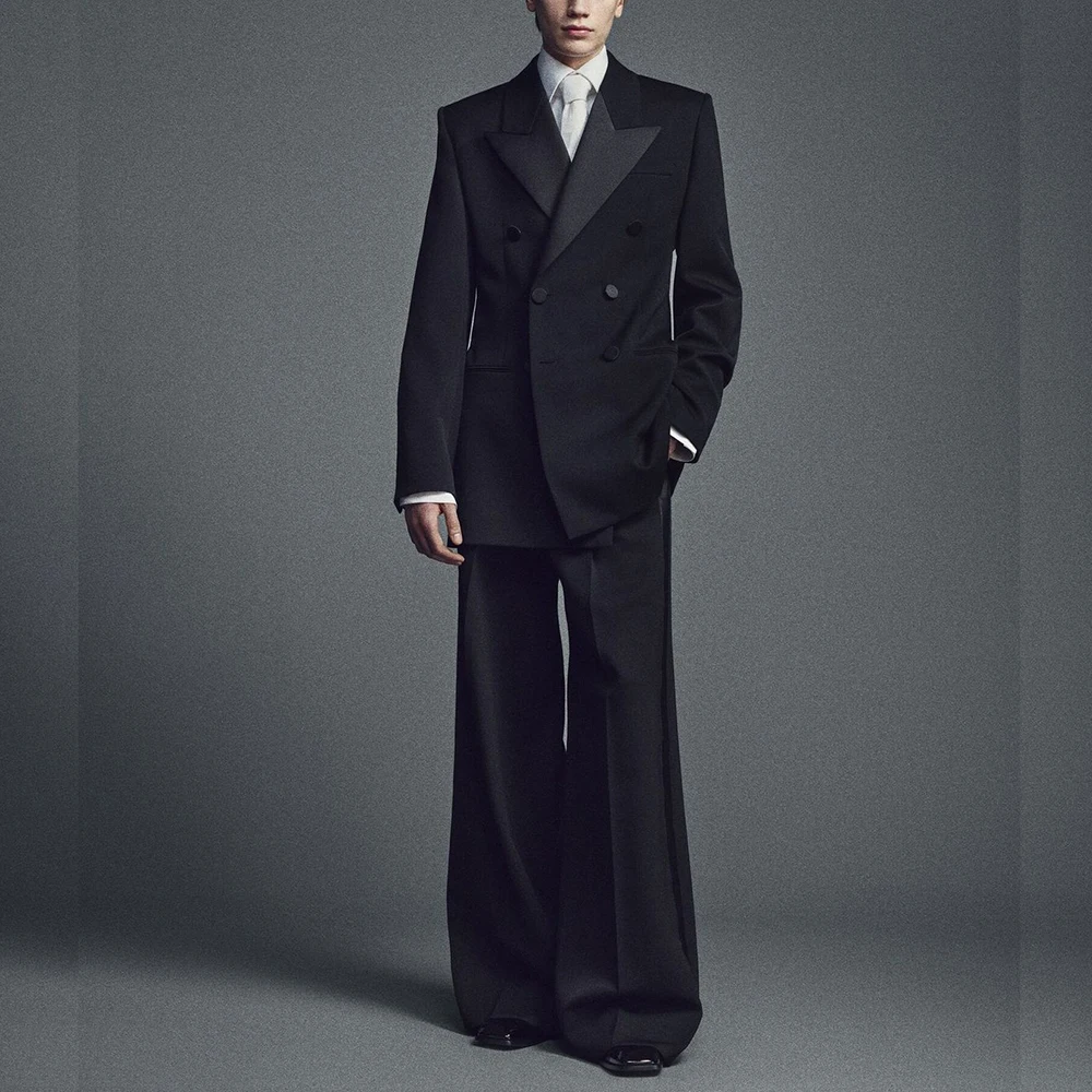 

Элегантный черный мужской костюм-двойка, двубортный пиджак с пиковыми лацканами и комплектами брюк, свадебная деловая офисная повседневная мужская одежда