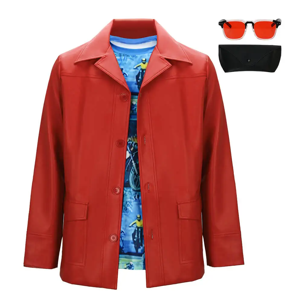 Fight Club Tyler Durden Cosplay Costumes In Stock Brad Biker Leather Jacket Red Coat Shirt Glasses Halloween Party Suit