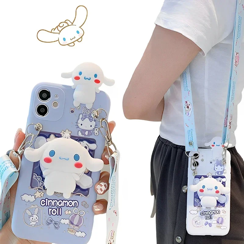 Kawaii Sanrio Cinnamoroll Phone Case with Vanity Mirror for Samsung Galaxy A23 A24 A34 A53 A54 A73 5G X Cover5 Cross Rope