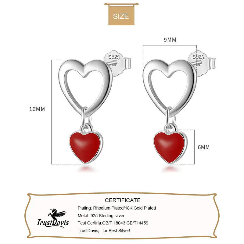 TrustDavis Real 925 Sterling Silver Fashion Hollow Out Red Heart Love Stud Earrings For Daughter Girls Fine Gift Jewelry DS577