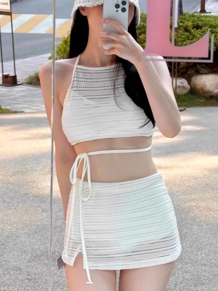 

Beautiful Mesh Swimsuit Women Lace White Split Swimsuit Show Waist Lace Up Bikini Set Summer 2025 Korean Sexy Beach Wrap Skirt