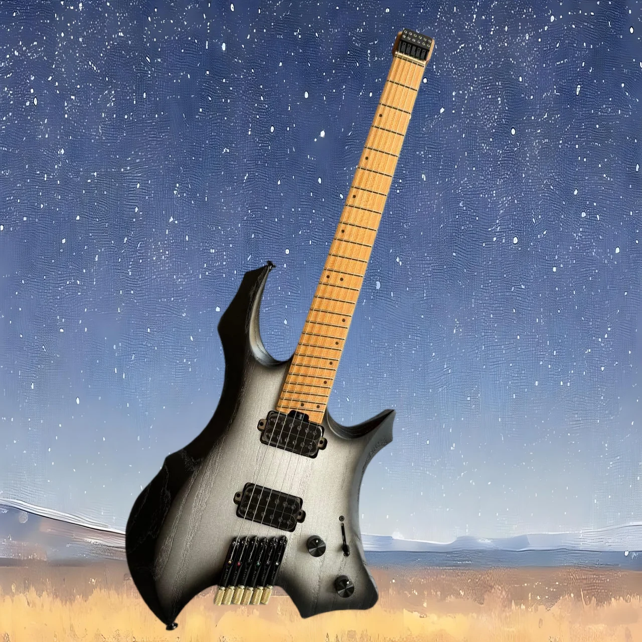 

Новинка 2026 года: черная гитара New Black Burst с 24 ладами, безголовая, 6-струнная, корпус из белого воскового дерева, кленовый гриф, профессиональная гитара.