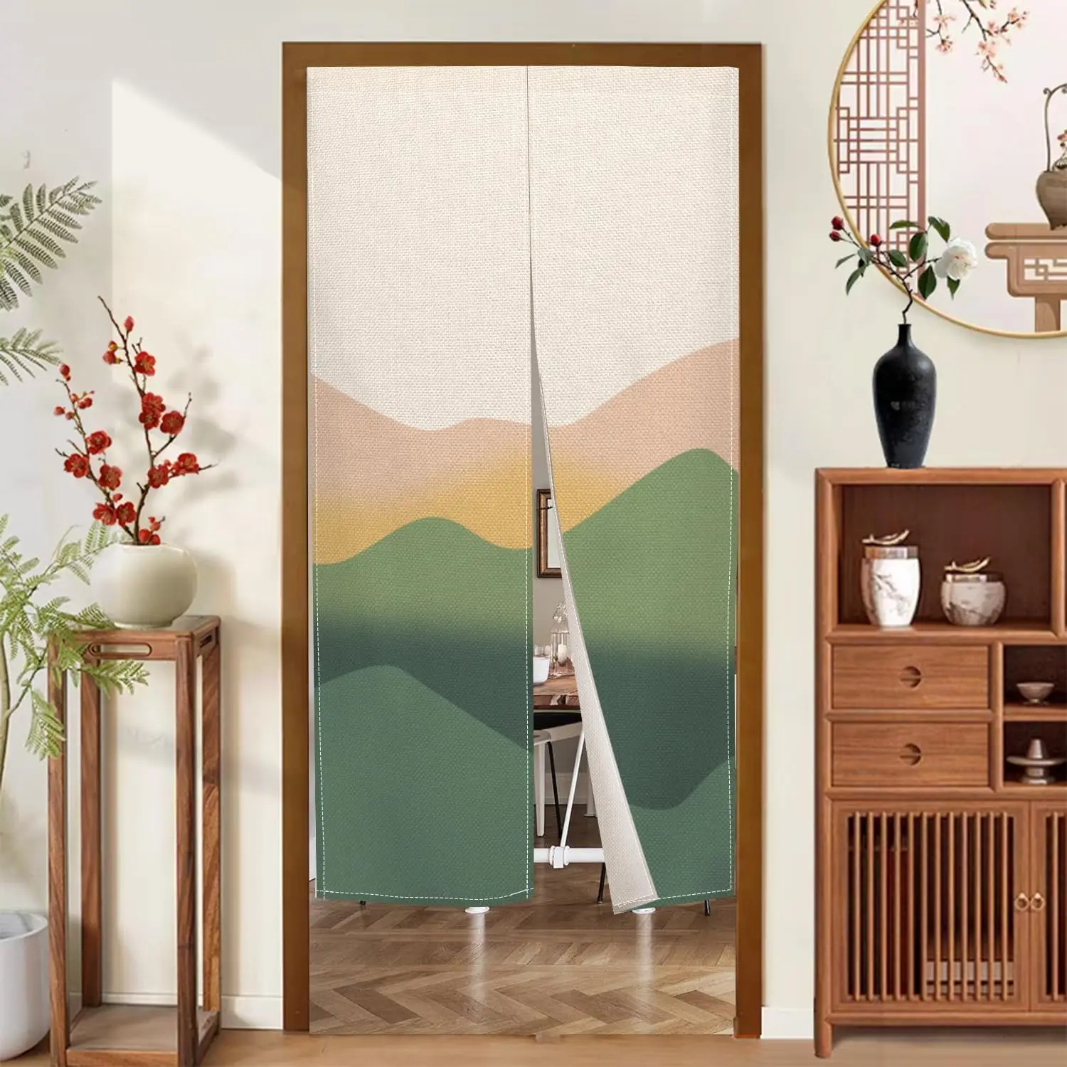 Boho Mountain Noren Curtain, Beige Background Layered Green & Peach Hills Design, Modern Minimalist Home Decor Room Divider